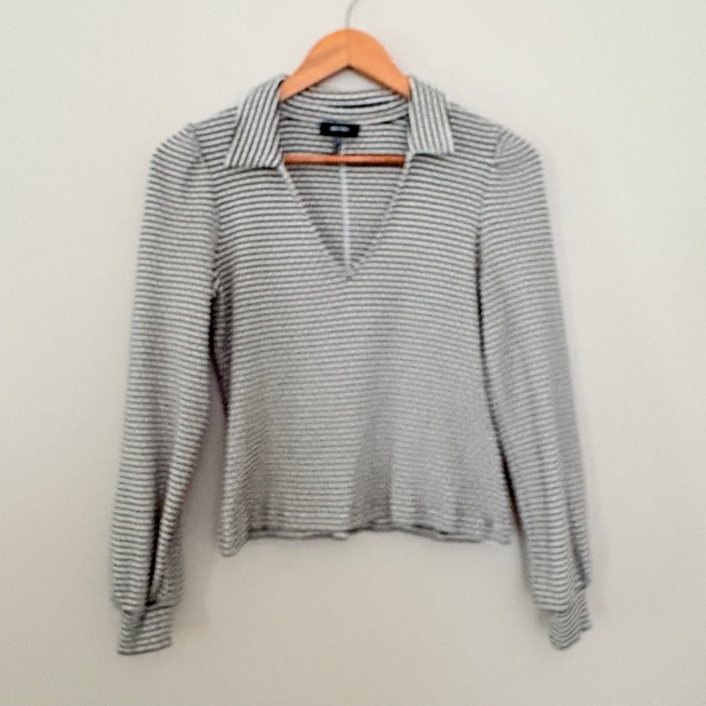 ME+EM Polo Top Striped V-Neck 10 Black White Puff Sleeve Cotton Ribbed